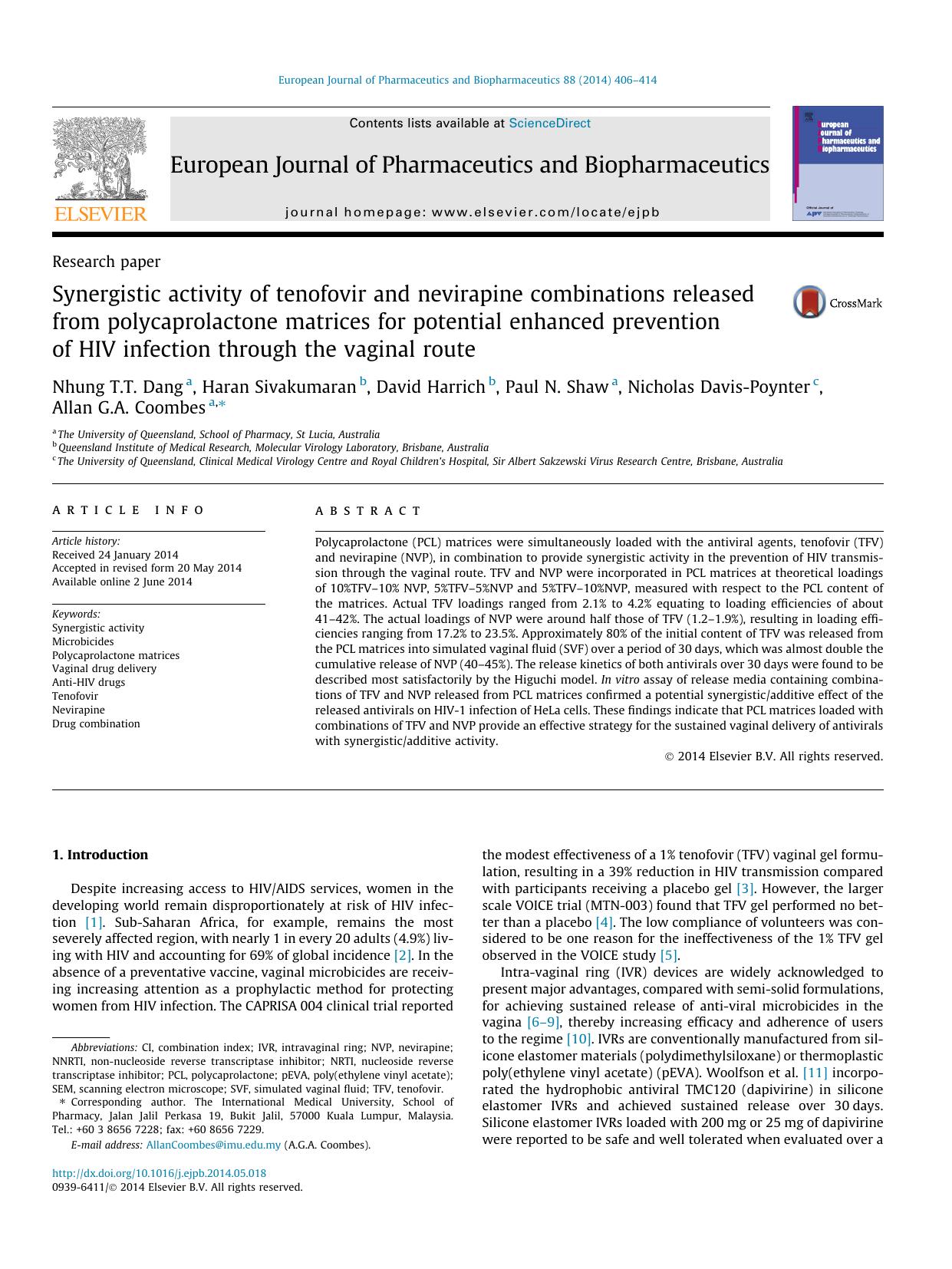 Synergistic activity of tenofovir and nevirapine combinations released from polycaprolactone matrices for potential enhanced prevention of HIV infection through the vaginal route by unknow