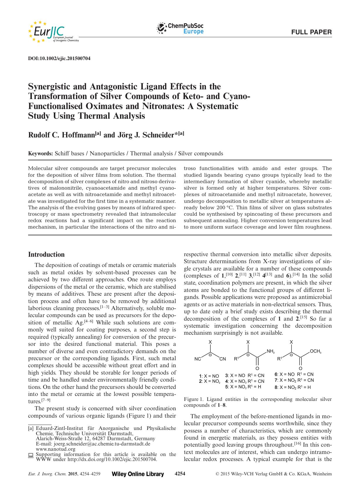 Synergistic and Antagonistic Ligand Effects in the Transformation of Silver Compounds of Keto and CyanoFunctionalised Oximates and Nitronates: A Systematic Study Using Thermal Analysis by Unknown