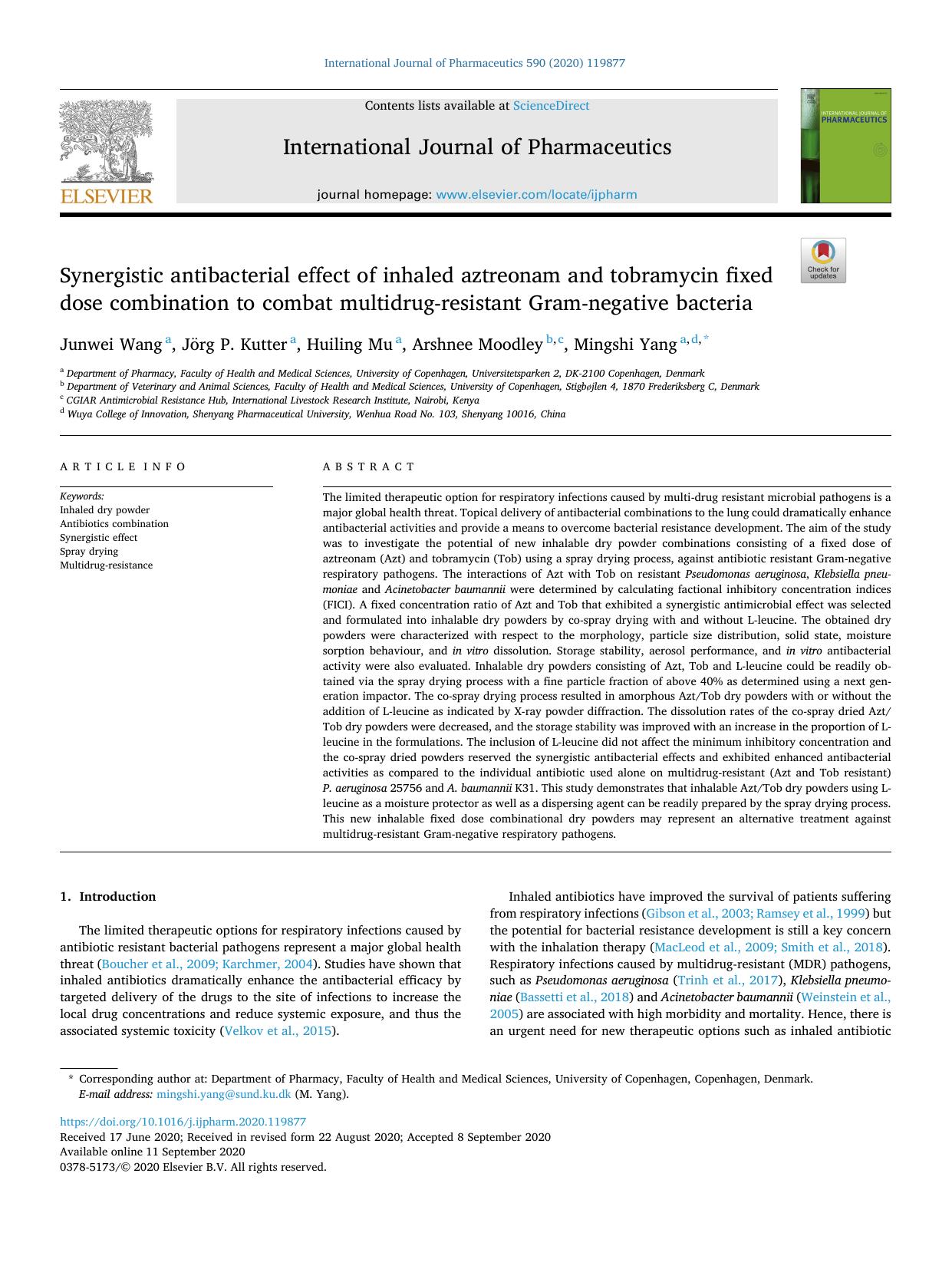 Synergistic antibacterial effect of inhaled aztreonam and tobramycin fixed dose combination to combat multidrug-resistant Gram-negative bacteria by Junwei Wang