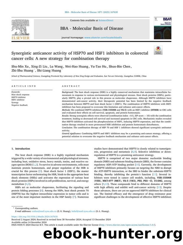 Synergistic anticancer activity of HSP70 and HSF1 inhibitors in colorectal cancer cells: A new strategy for combination therapy by unknow