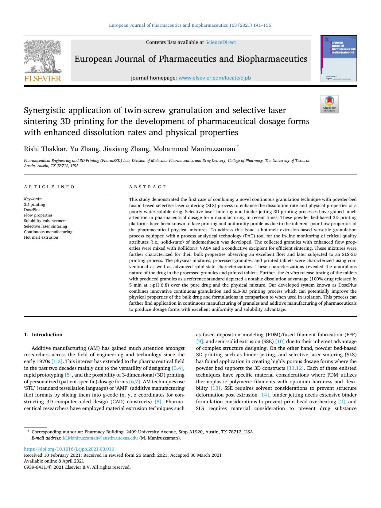 Synergistic application of twin-screw granulation and selective laser sintering 3D printing for the development of pharmaceutical dosage forms with enhanced dissolution rates and physical properties by Rishi Thakkar & Yu Zhang & Jiaxiang Zhang & Mohammed Maniruzzaman