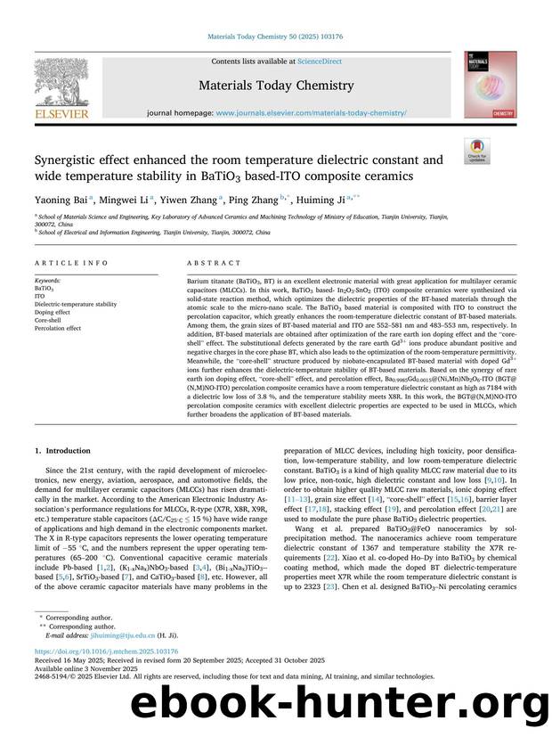 Synergistic effect enhanced the room temperature dielectric constant and wide temperature stability in BaTiO3 based-ITO composite ceramics by Yaoning Bai & Mingwei Li & Yiwen Zhang & Ping Zhang & Huiming Ji