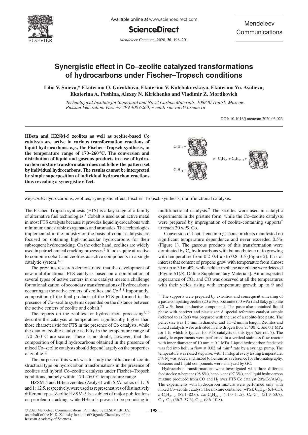 Synergistic effect in Coâzeolite catalyzed transformations of hydrocarbons under FischerâTropsch conditions by unknow
