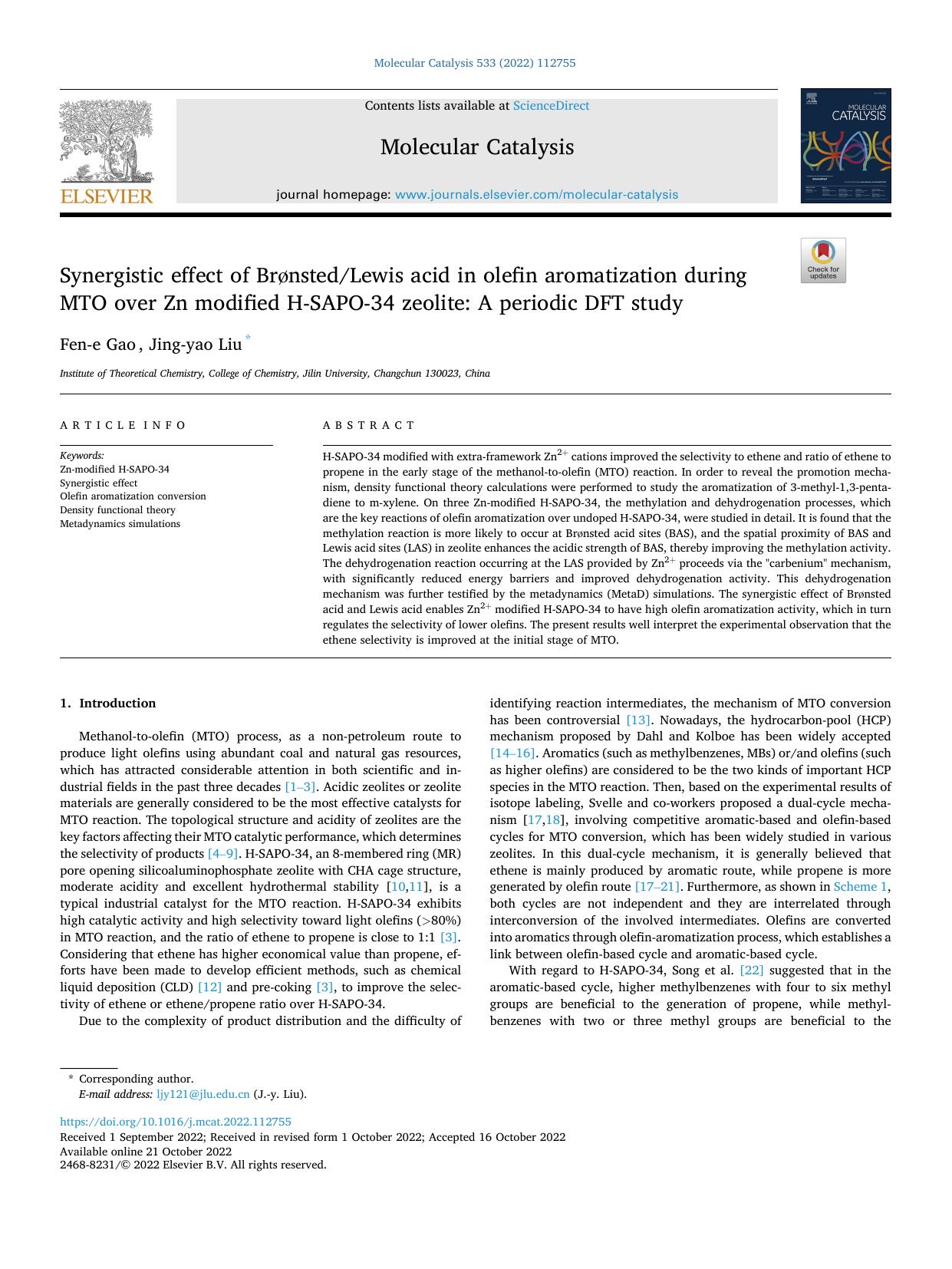 Synergistic effect of BrÃ¸nstedLewis acid in olefin aromatization during MTO over Zn modified H-SAPO-34 zeolite: A periodic DFT study by Fen-e Gao & Jing-yao Liu