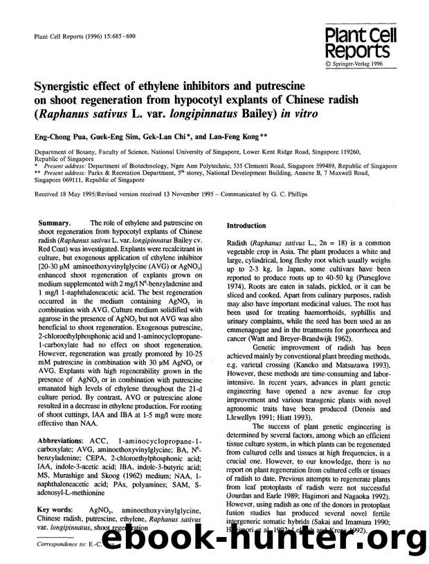 Synergistic effect of ethylene inhibitors and putrescine on shoot regeneration from hypocotyl explants of Chinese radish (<Emphasis Type="Italic">Raphanus sativus<Emphasis> L. var. by Unknown