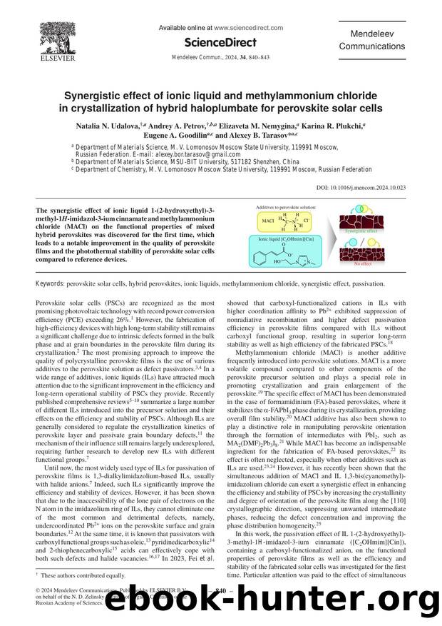 Synergistic effect of ionic liquid and methylammonium chloride in crystallization of hybrid haloplumbate for perovskite solar cells by unknow