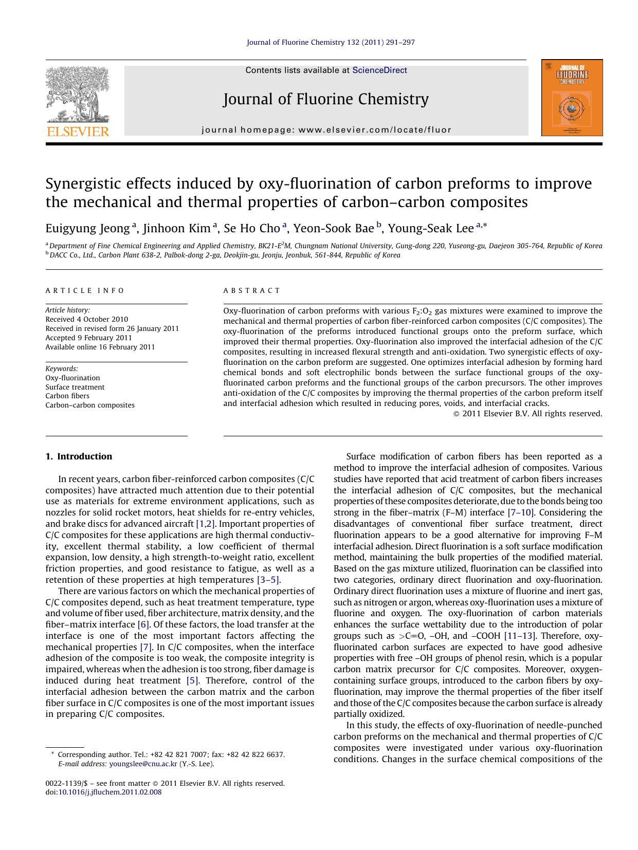 Synergistic effects induced by oxy-fluorination of carbon preforms to improve the mechanical and thermal properties of carbonÃ¢â¬âcarbon composites by Euigyung Jeong