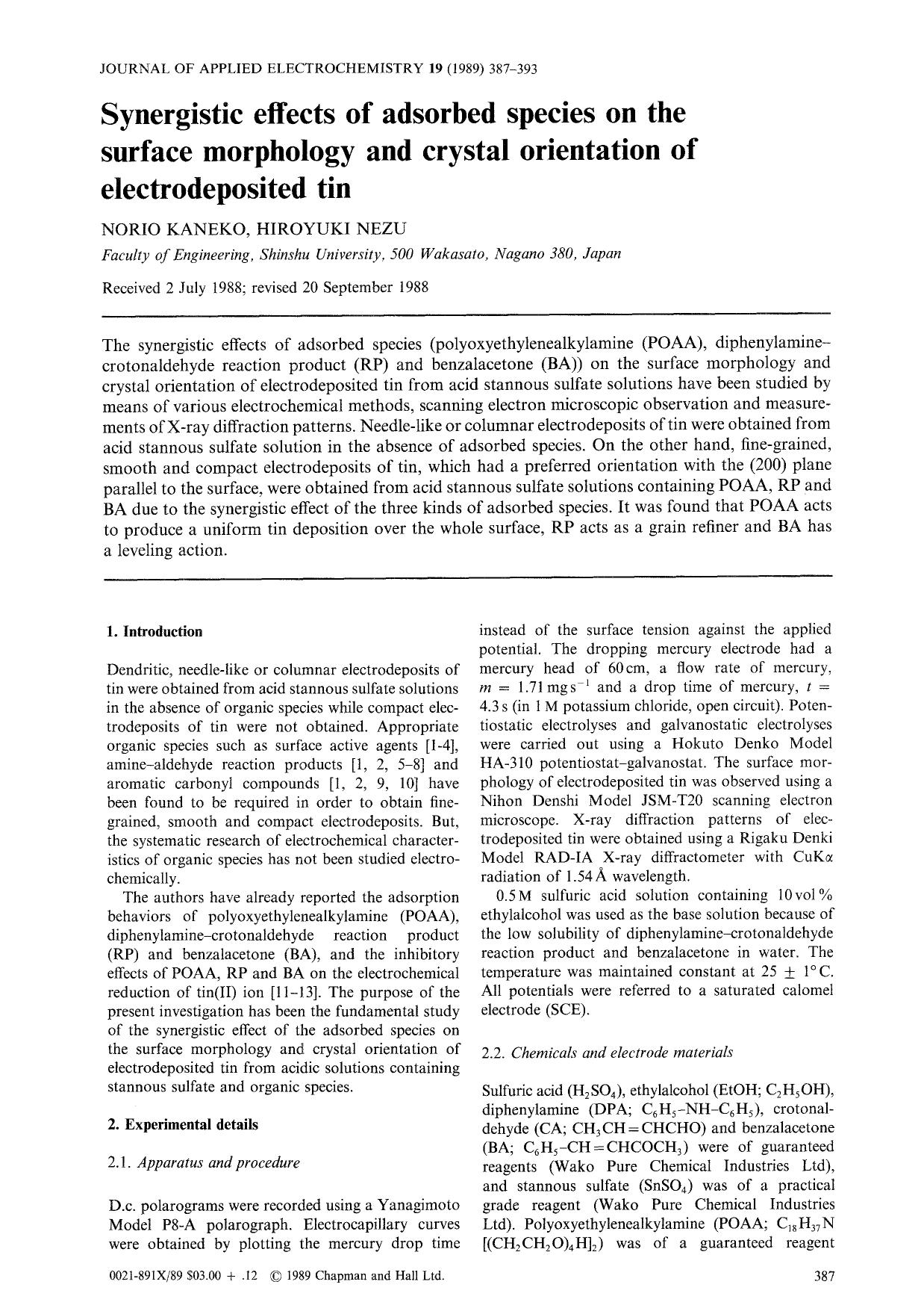 Synergistic effects of adsorbed species on the surface morphology and crystal orientation of electrodeposited tin by Unknown