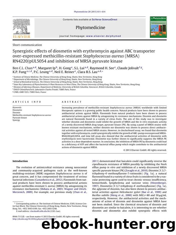 Synergistic effects of diosmetin with erythromycin against ABC transporter over-expressed methicillin-resistant Staphylococcus aureus (MRSA) RN4220pUL5054 and inhibition of MRSA pyruvate kinase by Ben C.L. Chan