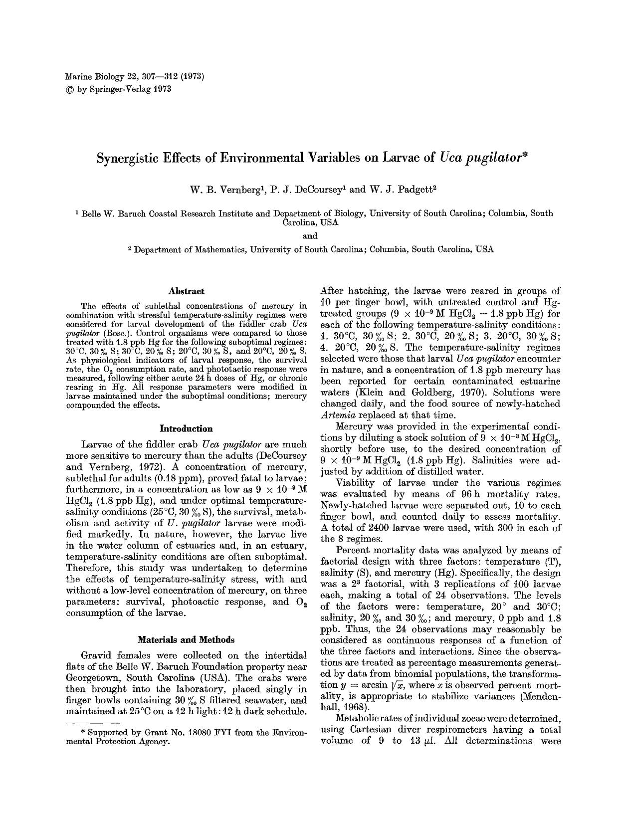 Synergistic effects of environmental variables on larvae of <Emphasis Type="Italic">Uca pugilator<Emphasis> by Unknown