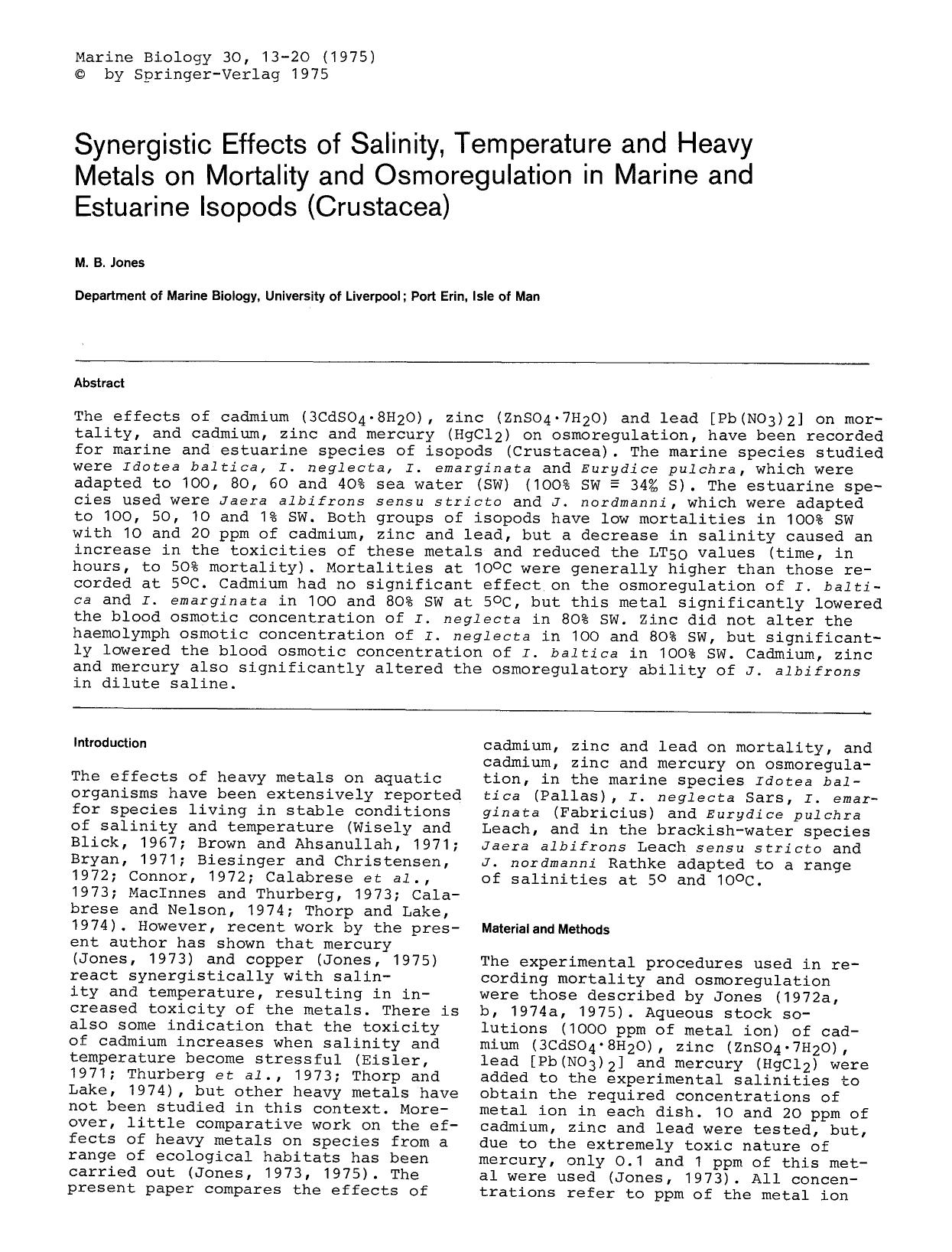 Synergistic effects of salinity, temperature and heavy metals on mortality and osmoregulation in marine and estuarine isopods (Crustacea) by Unknown