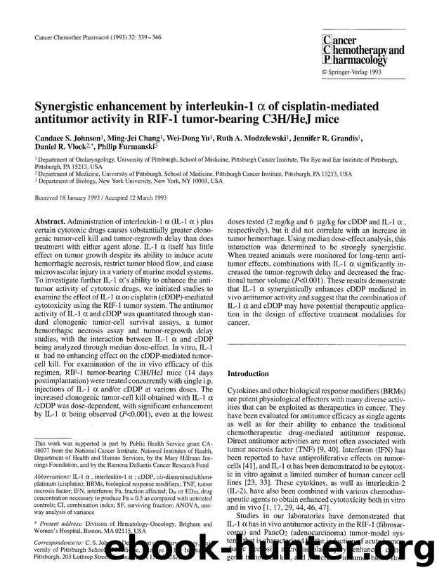 Synergistic enhancement by interleukin-1 &#x03B1; of cisplatin-mediated antitumor activity in RIF-1 tumor-bearing C3HHeJ mice by Unknown