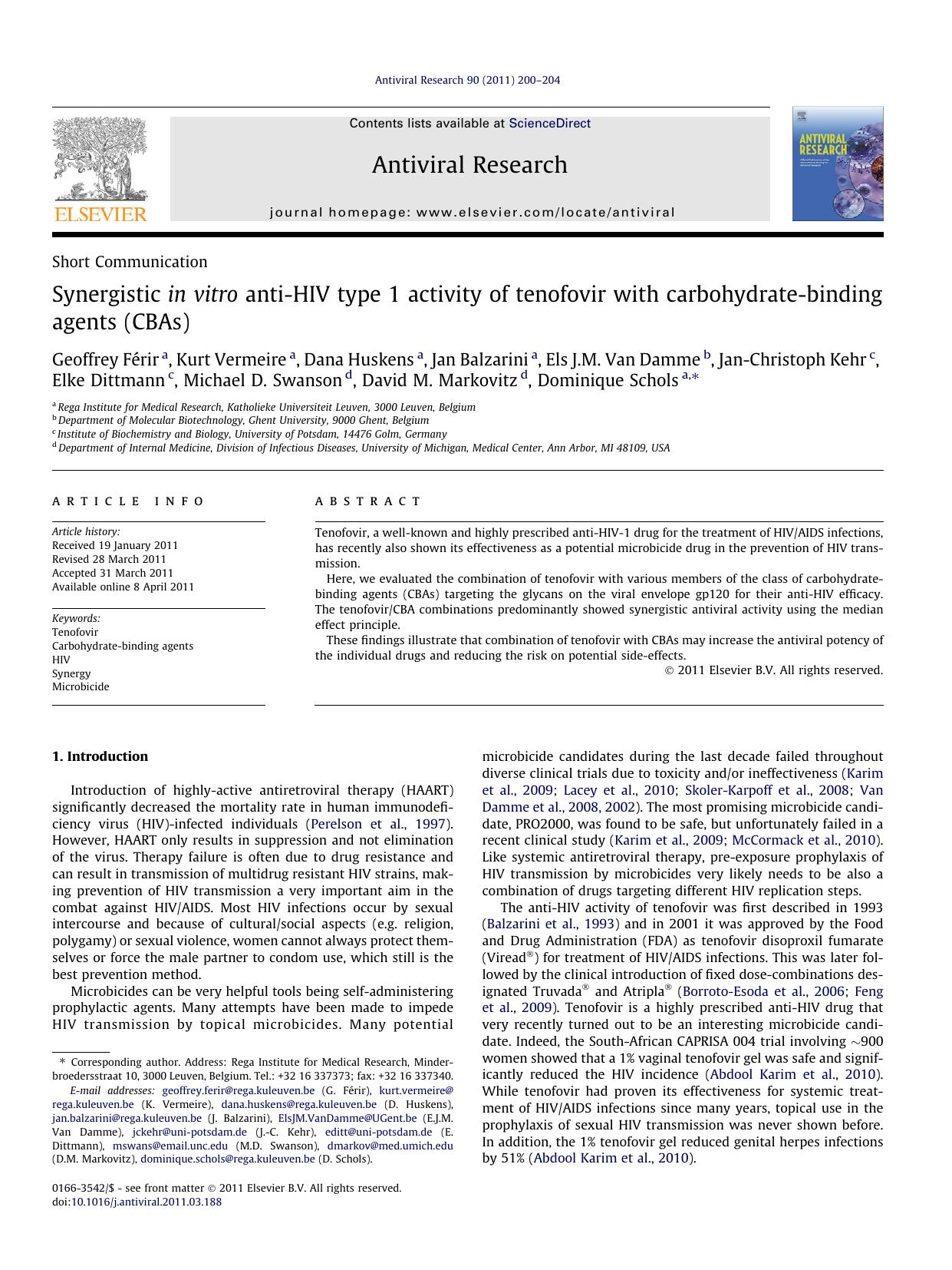 Synergistic in vitro anti-HIV type 1 activity of tenofovir with carbohydrate-binding agents (CBAs) by unknow