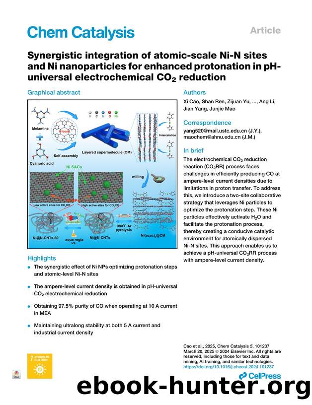Synergistic integration of atomic-scale Ni-N sites and Ni nanoparticles for enhanced protonation in pH-universal electrochemical CO2 reduction by Xi Cao & Shan Ren & Zijuan Yu & Qikui Fan & Qian Lv & Rui Yu & Ang Li & Jian Yang & Junjie Mao