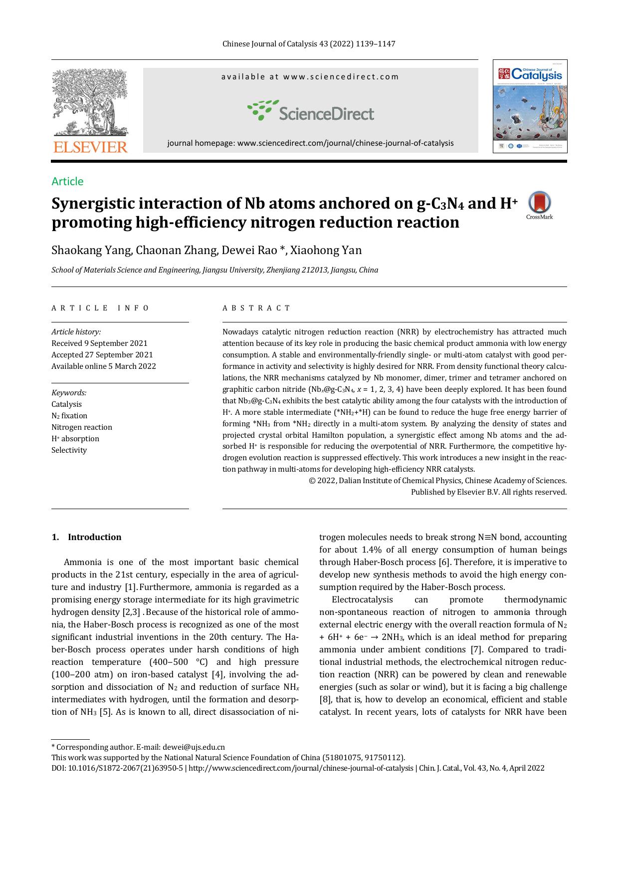 Synergistic interaction of Nb atoms anchored on g-C3N4 and H+ promoting high-efficiency nitrogen reduction reaction by Shaokang Yang & Chaonan Zhang & Dewei Rao & Xiaohong Yan