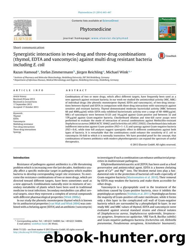Synergistic interactions in two-drug and three-drug combinations (thymol, EDTA and vancomycin) against multi drug resistant bacteria including E. coli by Razan Hamoud & Stefan Zimmermann & Jürgen Reichling & Michael Wink