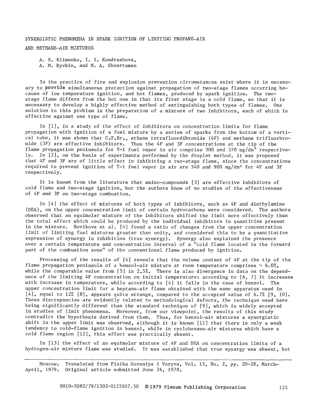Synergistic phenomena in spark ignition of limiting propane-air and methane-air mixtures by Unknown