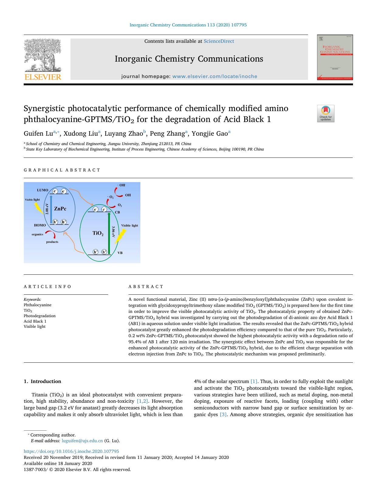 Synergistic photocatalytic performance of chemically modified amino phthalocyanine-GPTMSTiO2 for the degradation of Acid Black 1 by Guifen Lu & Xudong Liu & Luyang Zhao & Peng Zhang & Yongjie Gao