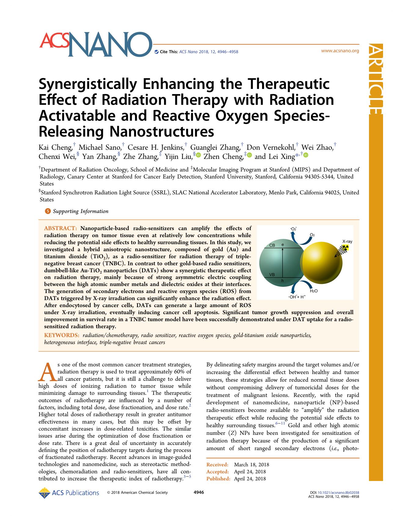 Synergistically Enhancing the Therapeutic Effect of Radiation Therapy with Radiation Activatable and Reactive Oxygen Species-Releasing Nanostructures by unknow