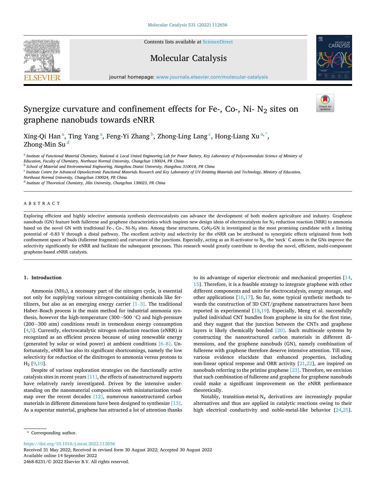 Synergize curvature and confinement effects for Fe-, Co-, Ni- N2 sites on graphene nanobuds towards eNRR by Xing-Qi Han & Ting Yang & Feng-Yi Zhang & Zhong-Ling Lang & Hong-Liang Xu & Zhong-Min Su