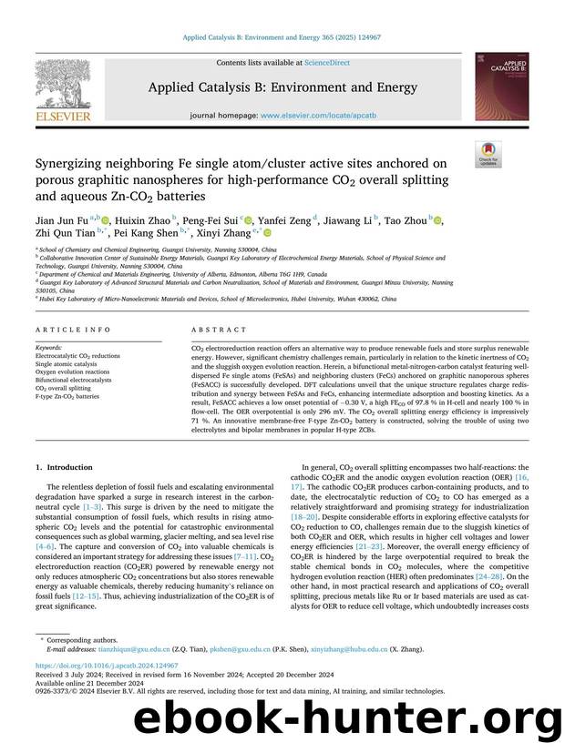 Synergizing neighboring Fe single atomcluster active sites anchored on porous graphitic nanospheres for high-performance CO2 overall splitting and aqueous Zn-CO2 batteries by Jian Jun Fu
