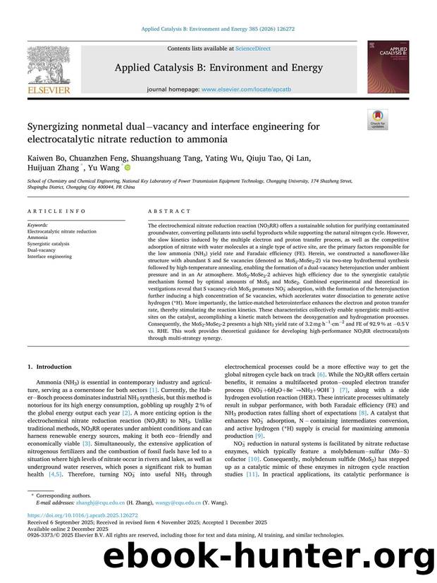 Synergizing nonmetal dualâvacancy and interface engineering for electrocatalytic nitrate reduction to ammonia by unknow