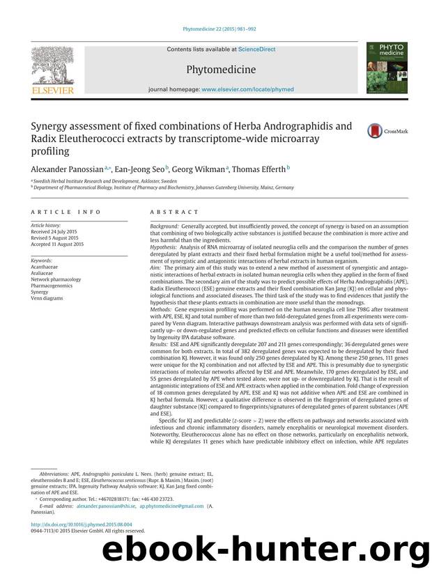 Synergy assessment of fixed combinations of Herba Andrographidis and Radix Eleutherococci extracts by transcriptome-wide microarray profiling by Alexander Panossian & Ean-Jeong Seo & Georg Wikman & Thomas Efferth