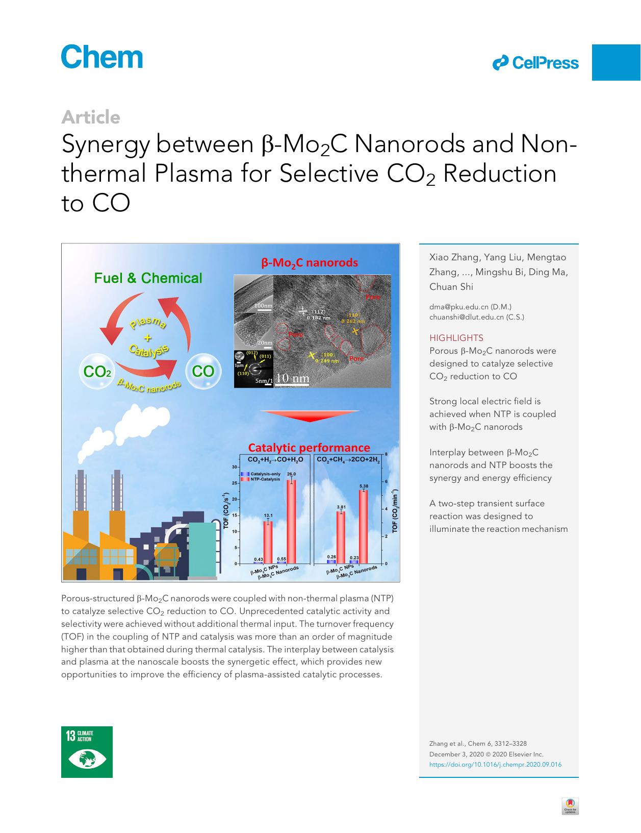 Synergy between &beta;-Mo2C Nanorods and Non-thermal Plasma for Selective CO2 Reduction to CO by unknow