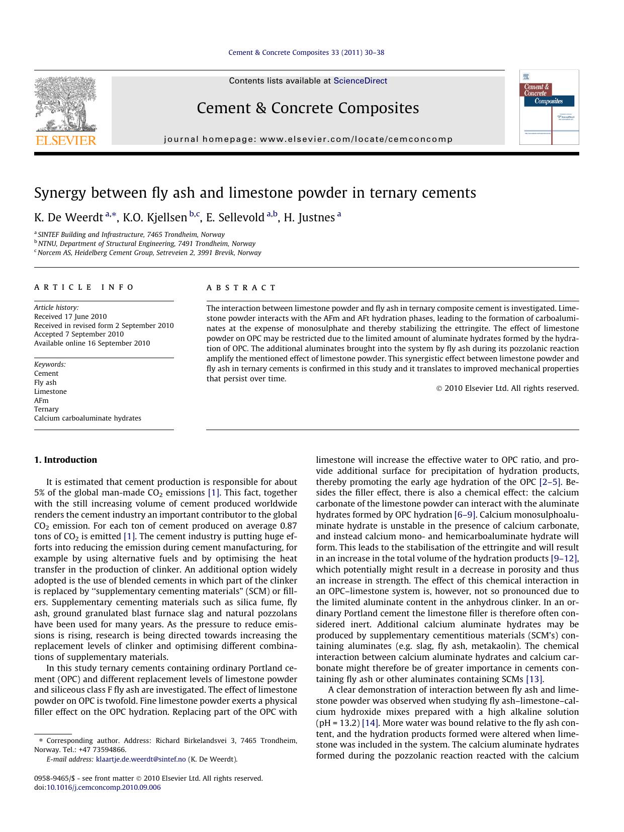 Synergy between fly ash and limestone powder in ternary cements by K. De Weerdt & K.O. Kjellsen & E. Sellevold & H. Justnes