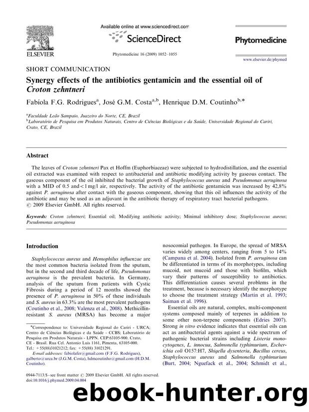 Synergy effects of the antibiotics gentamicin and the essential oil of Croton zehntneri by Fabíola F.G. Rodrigues; José G.M. Costa; Henrique D.M. Coutinho
