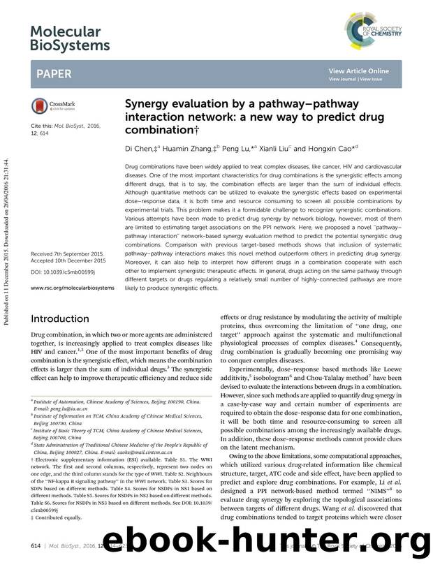 Synergy evaluation by a pathway–pathway interaction network: a new way to predict drug combination by Di Chen & Huamin Zhang & Peng Lu & Xianli Liu & Hongxin Cao