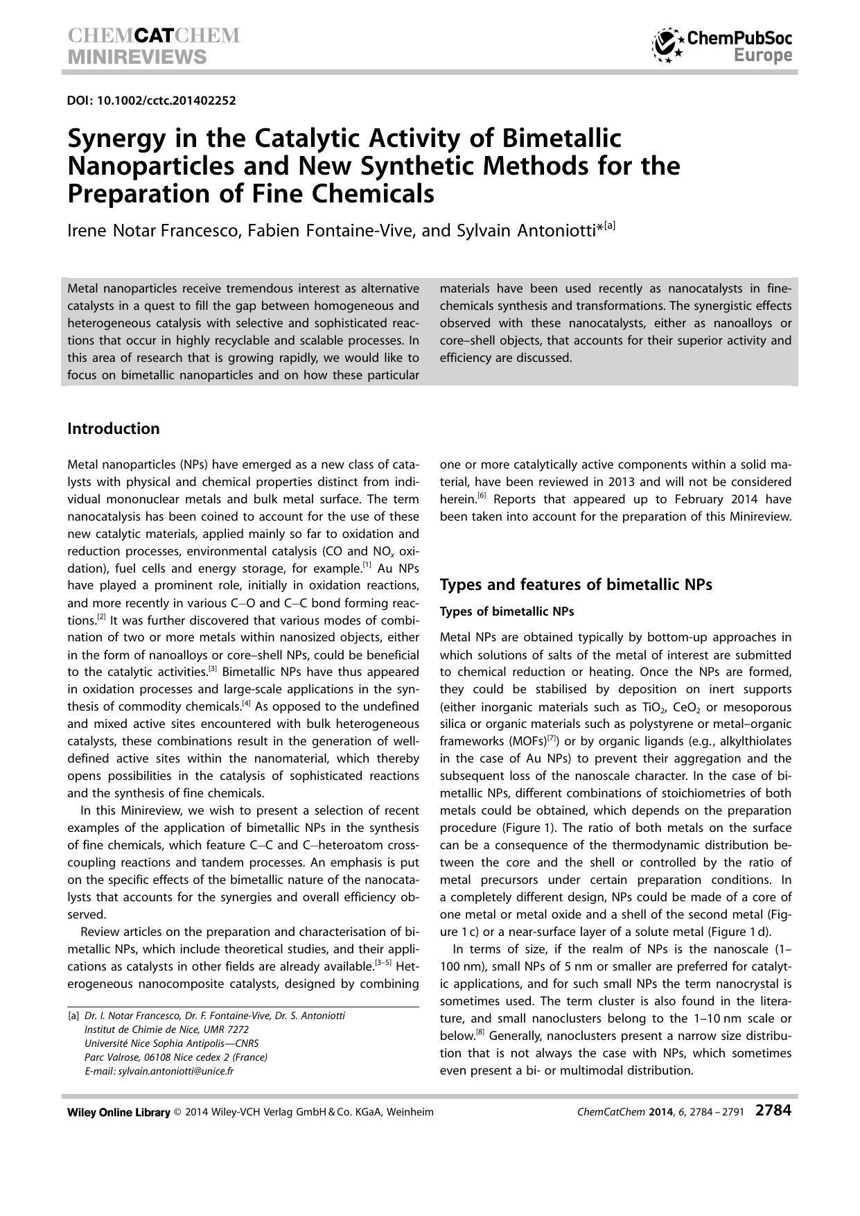 Synergy in the Catalytic Activity of Bimetallic Nanoparticles and New Synthetic Methods for the Preparation of Fine Chemicals by Unknown