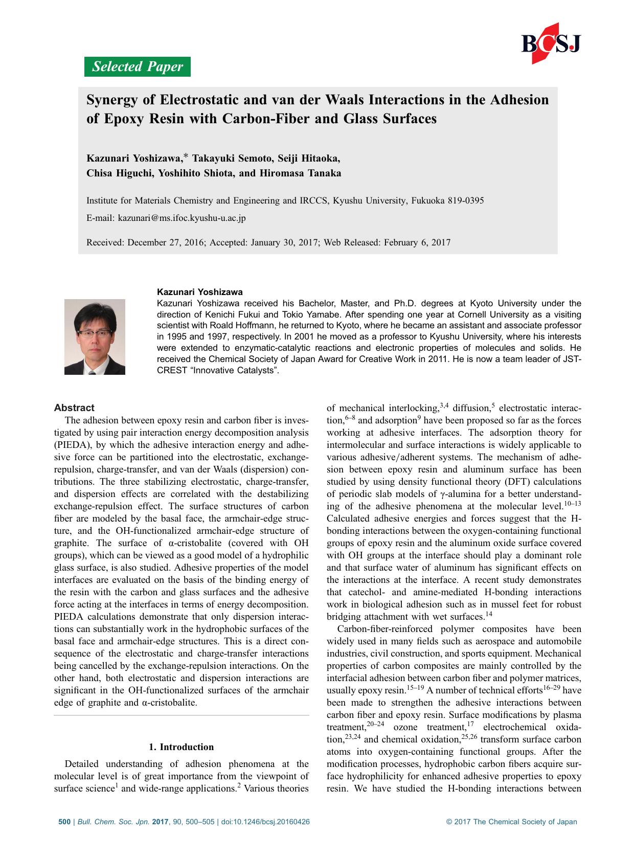 Synergy of Electrostatic and van der Waals Interactions in the Adhesion of Epoxy Resin with Carbon-Fiber and Glass Surfaces by Unknown