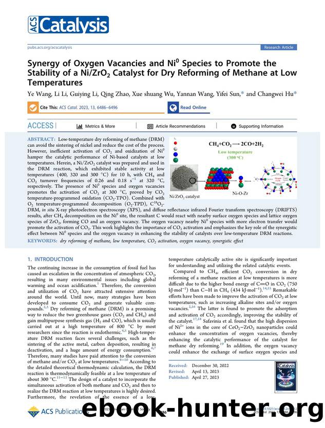 Synergy of Oxygen Vacancies and Ni0 Species to Promote the Stability of a NiZrO2 Catalyst for Dry Reforming of Methane at Low Temperatures by Ye Wang Li Li Guiying Li Qing Zhao Xue shuang Wu Yannan Wang Yifei Sun and Changwei Hu