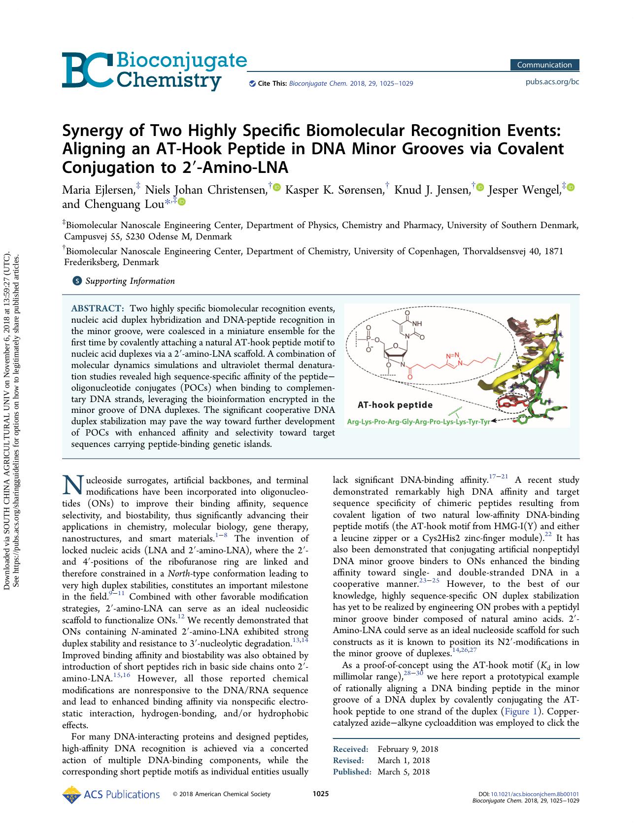 Synergy of Two Highly Specific Biomolecular Recognition Events: Aligning an AT-Hook Peptide in DNA Minor Grooves via Covalent Conjugation to 2â²-Amino-LNA by unknow