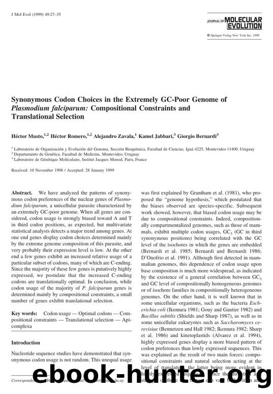 Synonymous Codon Choices in the Extremely GC-Poor Genome of Plasmodium falciparum: Compositional Constraints and Translational Selection by Musto H. et al
