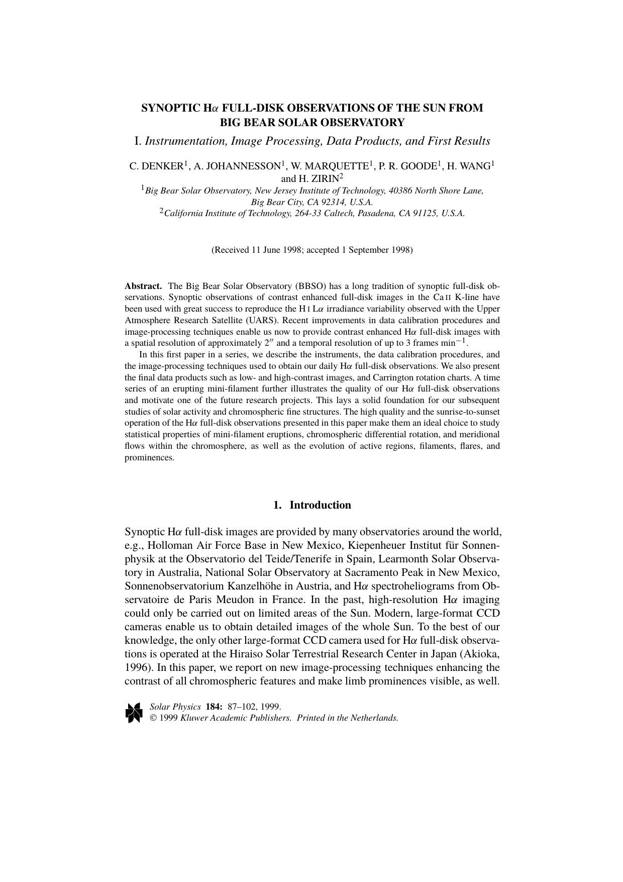 Synoptic H&#x03B1; Full-Disk Observations of the Sun from Big&#x00A0;Bear Solar Observatory &#x2013; I. Instrumentation, Image Processing, Data Products, and First Results by Unknown