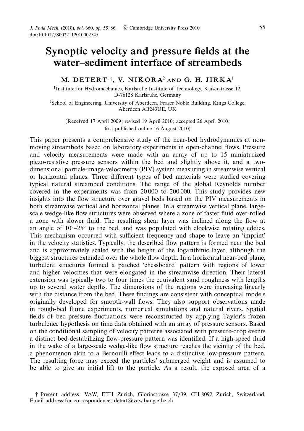 Synoptic velocity and pressure fields at the waterâsediment interface of streambeds by M. DETERT V. NIKORA G. H. JIRKA