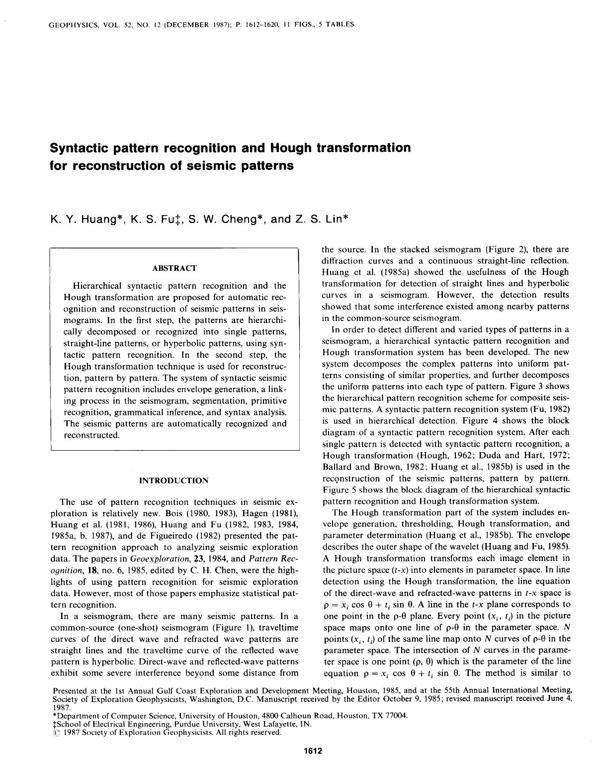 Syntactic pattern recognition and Hough transformation for reconstruction of seismic patterns by Huang K. Y.; Fu K. S.; Cheng S. W.; Lin Z. S