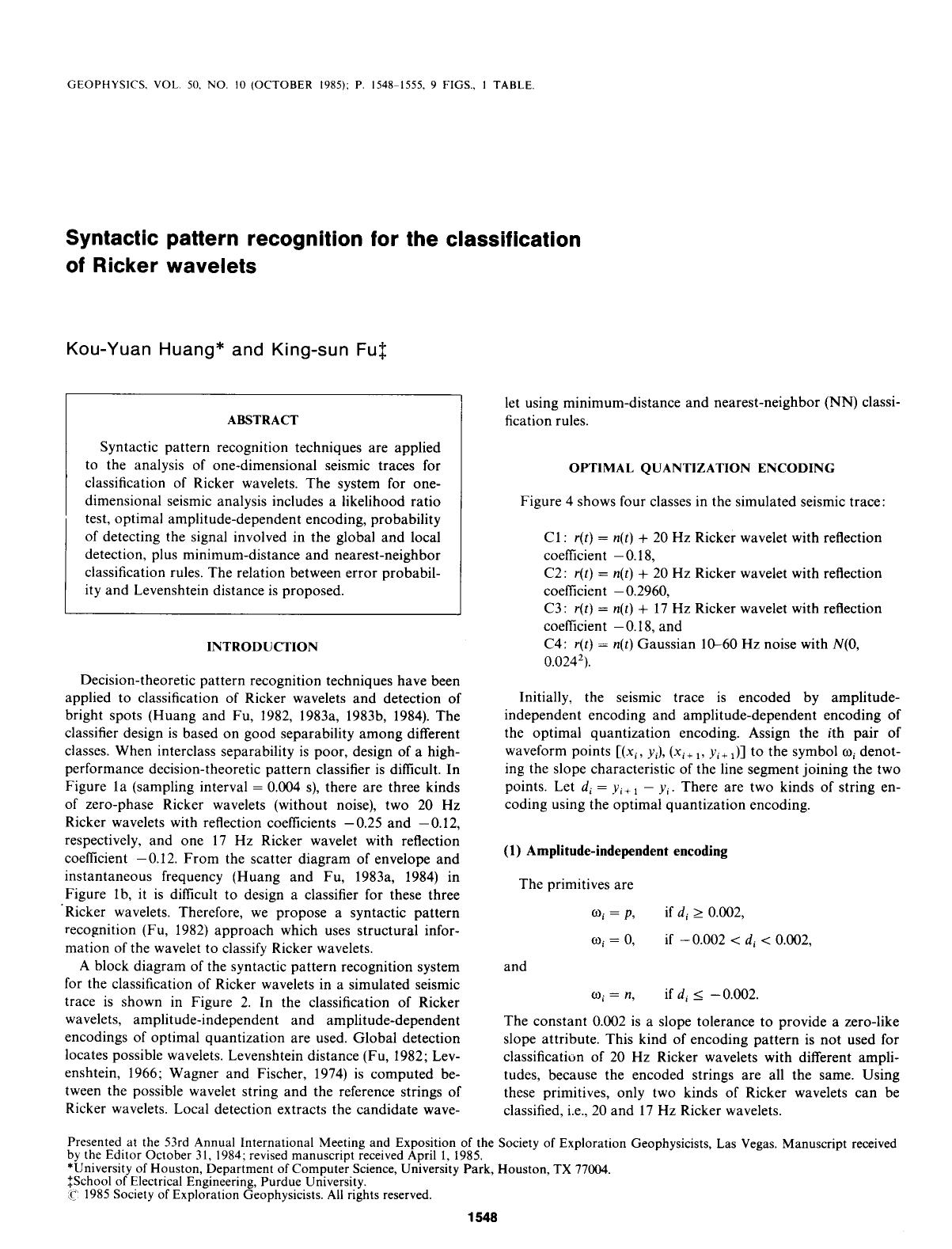 Syntactic pattern recognition for the classification of Ricker wavelets by Huang K.; Fu K