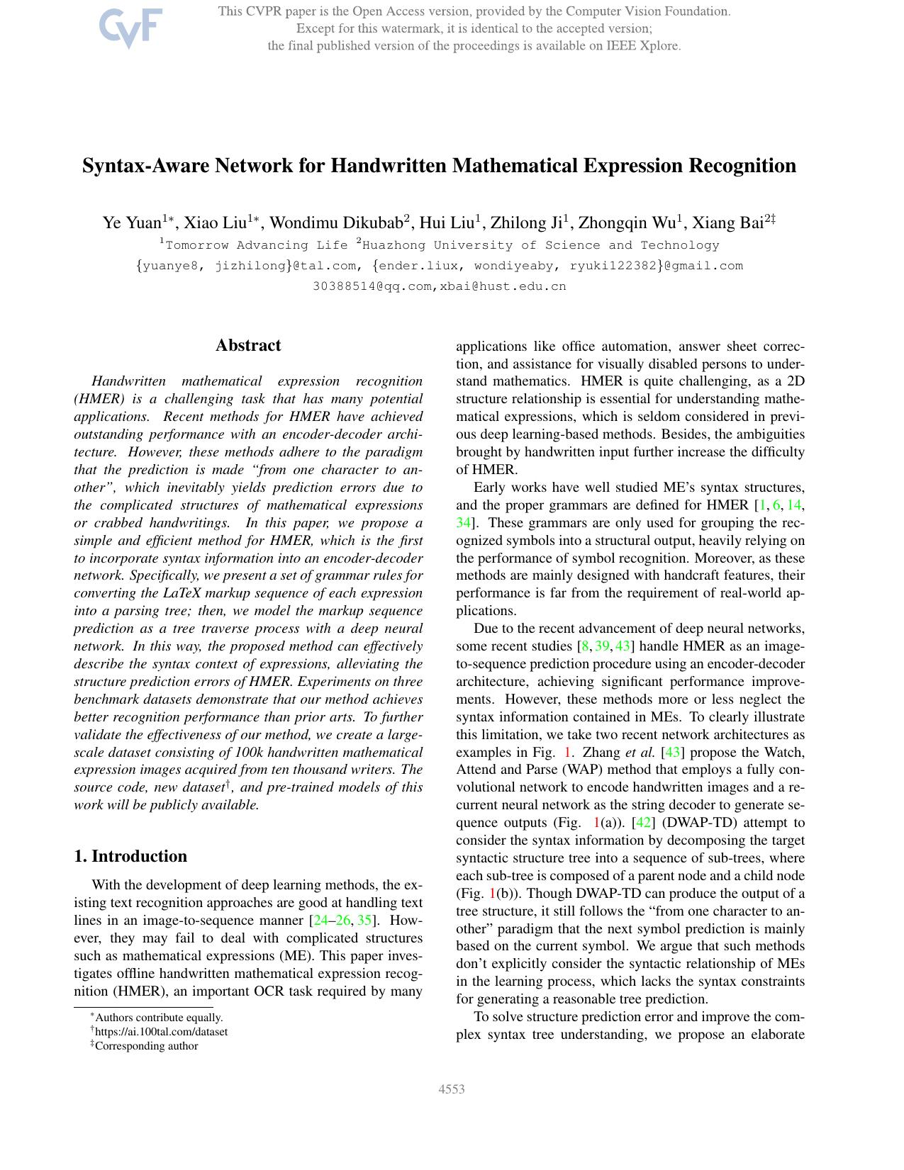 Syntax-Aware Network for Handwritten Mathematical Expression Recognition by Ye Yuan & Xiao Liu & Wondimu Dikubab & Hui Liu & Zhilong Ji & Zhongqin Wu & Xiang Bai