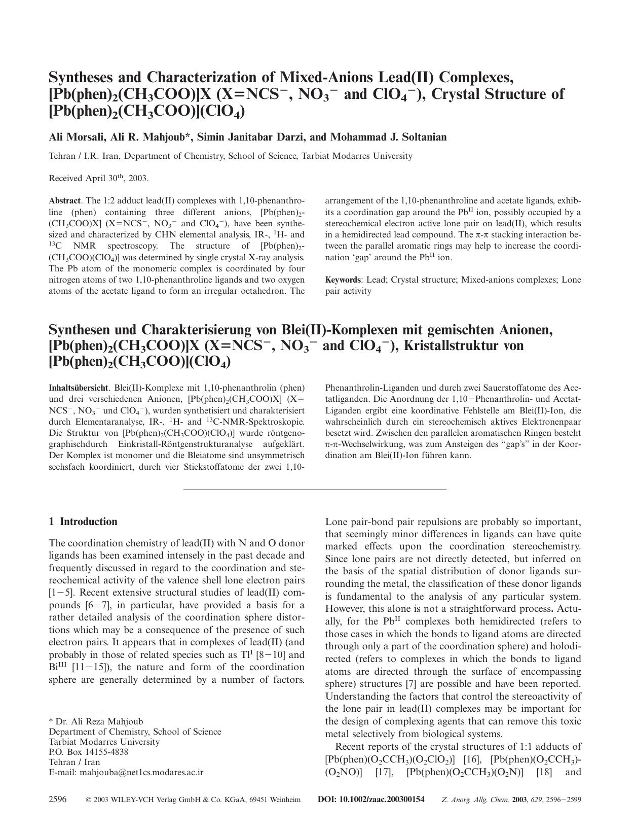 Syntheses and Characterization of Mixed-Anions Lead(II) Complexes, [Pb(phen)2(CH3COO)]X (X=NCS-, NO3- and ClO4-), Crystal Structure of [Pb(phen)2(CH3COO)](ClO4) by Unknown