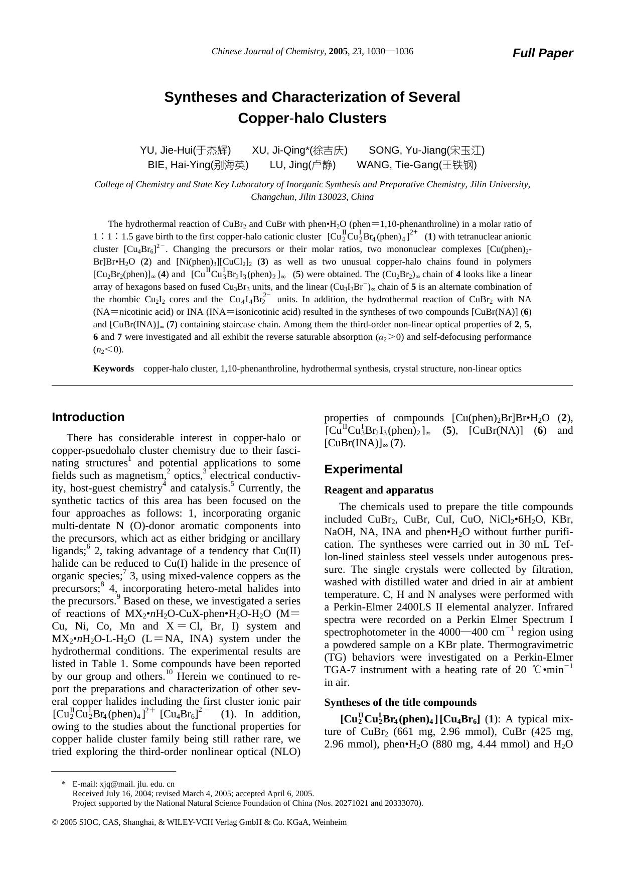 Syntheses and Characterization of Several Copper-halo Clusters by lhbjs