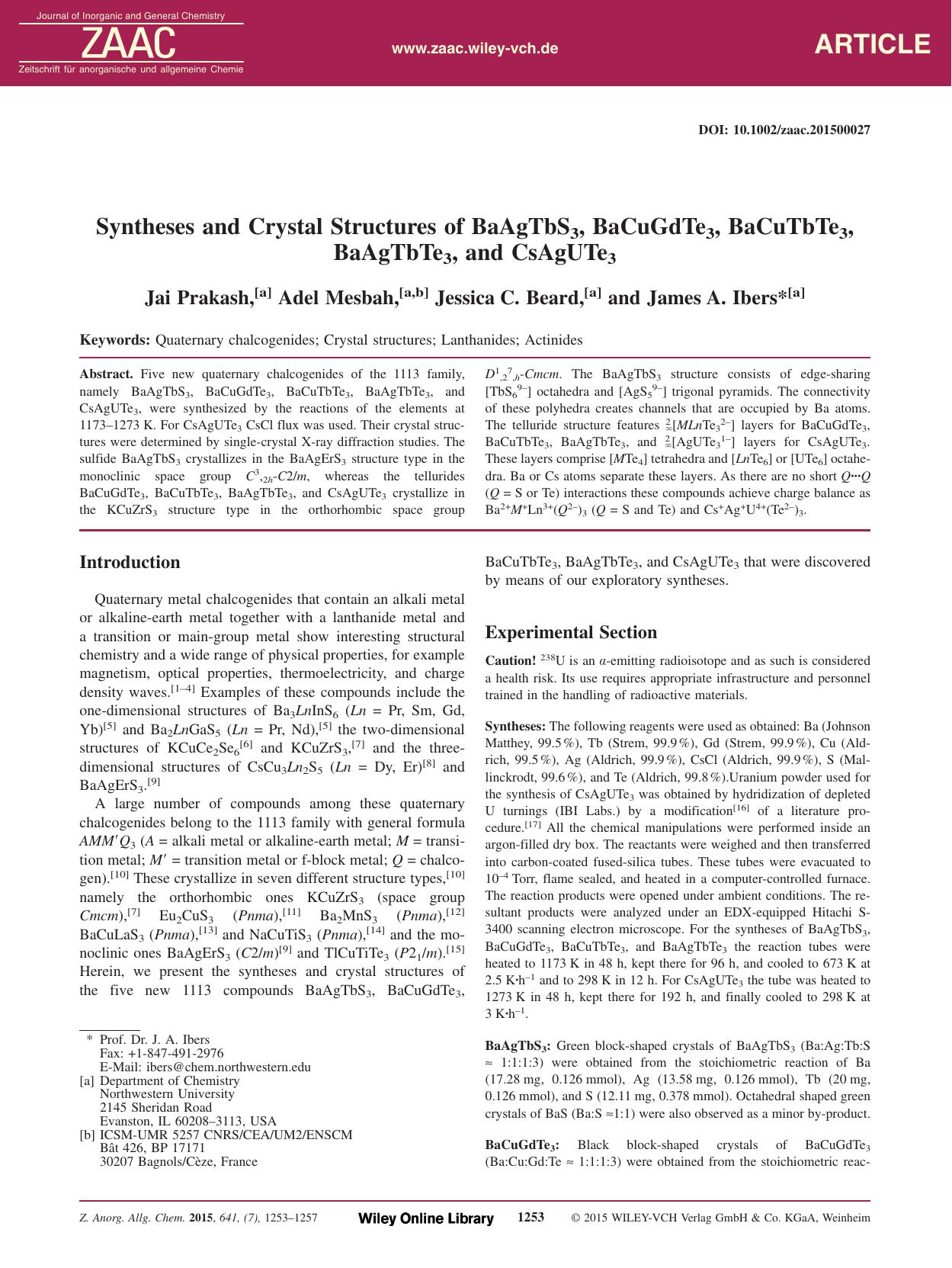Syntheses and Crystal Structures of BaAgTbS3, BaCuGdTe3, BaCuTbTe3, BaAgTbTe3, and CsAgUTe3 by Unknown