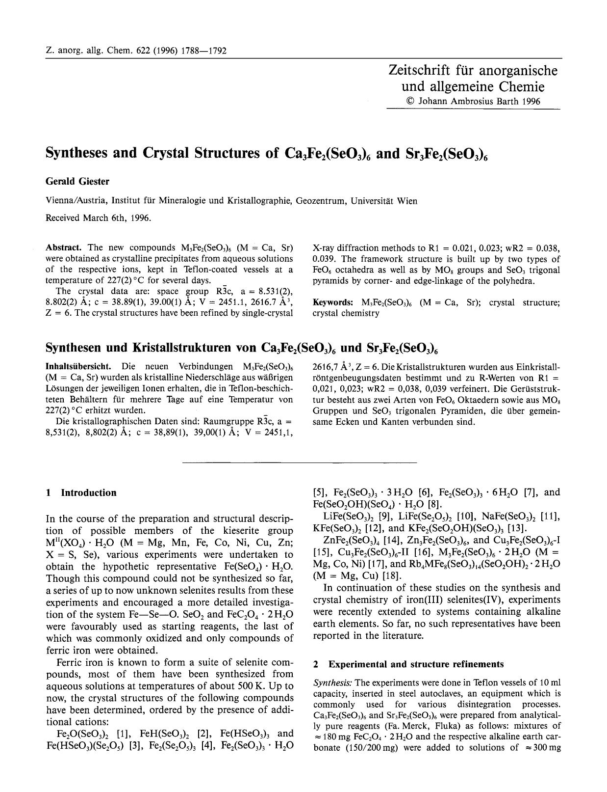 Syntheses and Crystal Structures of Ca3Fe2(SeO3)6 and Sr3Fe2(SeO3)6 by Unknown