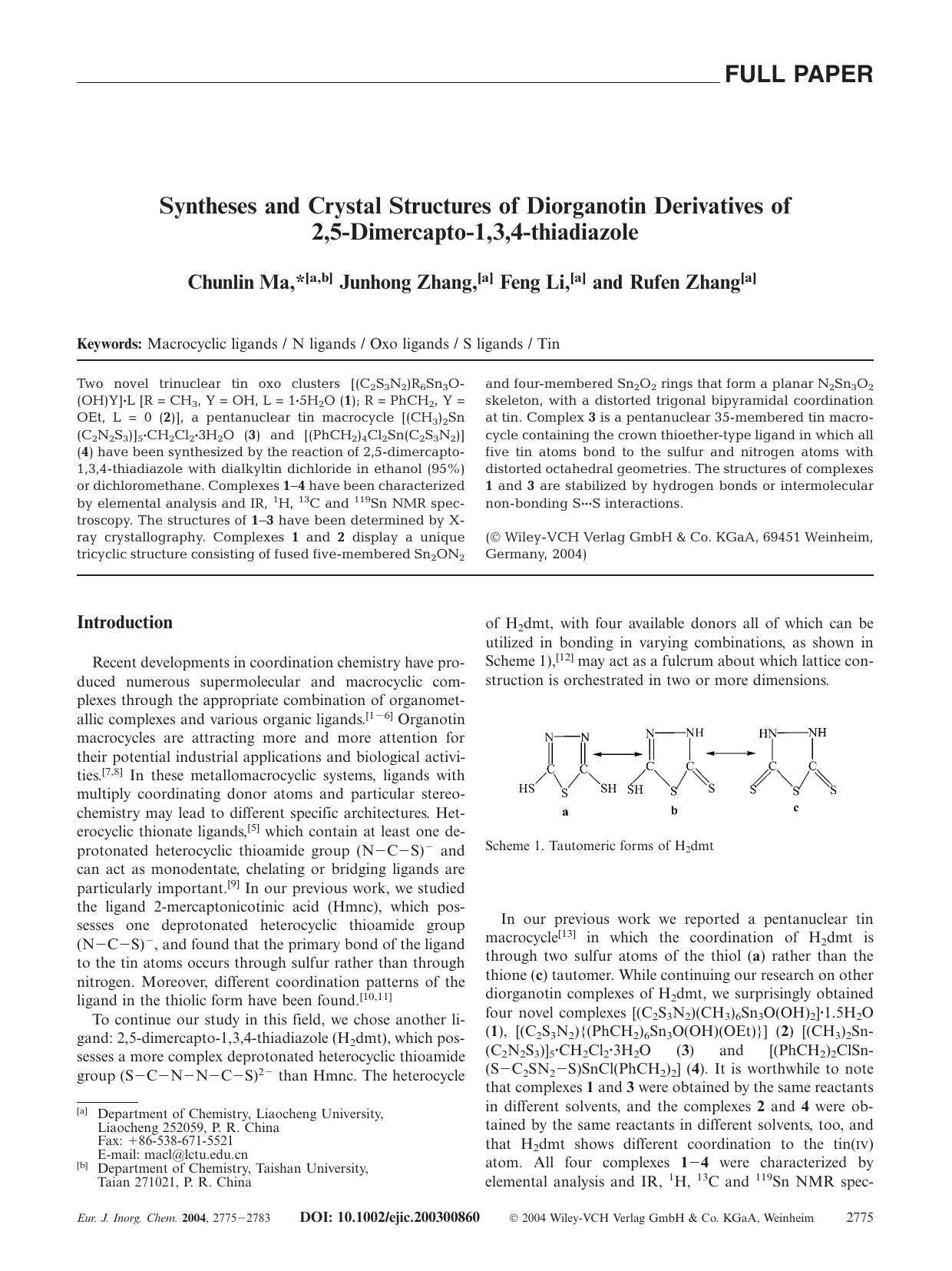 Syntheses and Crystal Structures of Diorganotin Derivatives of 2,5-Dimercapto-1,3,4-thiadiazole by Unknown