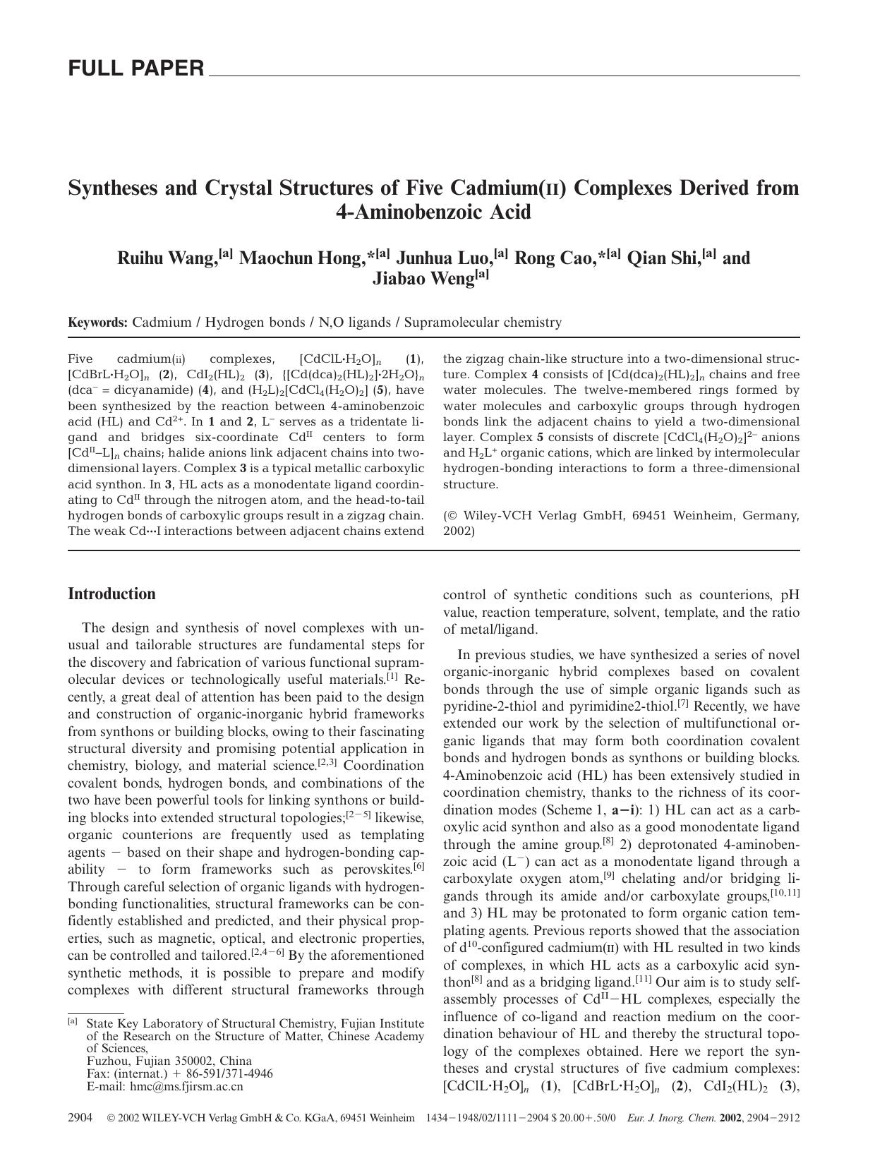 Syntheses and Crystal Structures of Five Cadmium(II) Complexes Derived from 4-Aminobenzoic Acid by Unknown