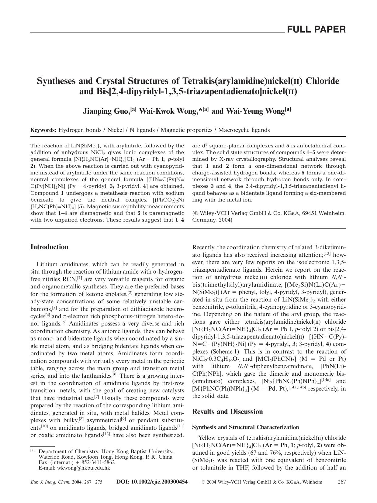 Syntheses and Crystal Structures of Tetrakis(arylamidine)nickel(II) Chloride and Bis[2,4-dipyridyl-1,3,5-triazapentadienato]nickel(II) by Unknown