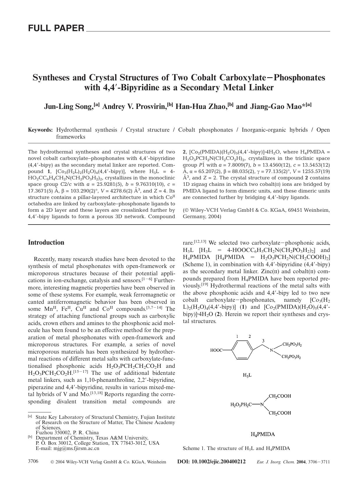 Syntheses and Crystal Structures of Two Cobalt Carboxylate[minus]Phosphonates with 4,4[prime]-Bipyridine as a Secondary Metal Linker by Unknown
