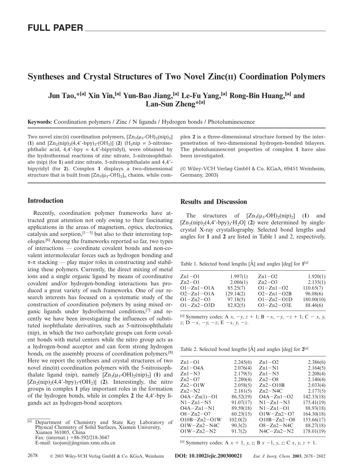 Syntheses and Crystal Structures of Two Novel Zinc(II) Coordination Polymers by Unknown